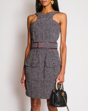 Chanel SS15 Black, Red, Blue and White Tweed Set With Cropped Jacket and Dress With Matching Belt and CC Logo Buttons Details Size FR 36/38 (UK 8/10)