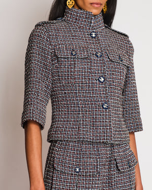 Chanel SS15 Black, Red, Blue and White Tweed Set With Cropped Jacket and Dress With Matching Belt and CC Logo Buttons Details Size FR 36/38 (UK 8/10)