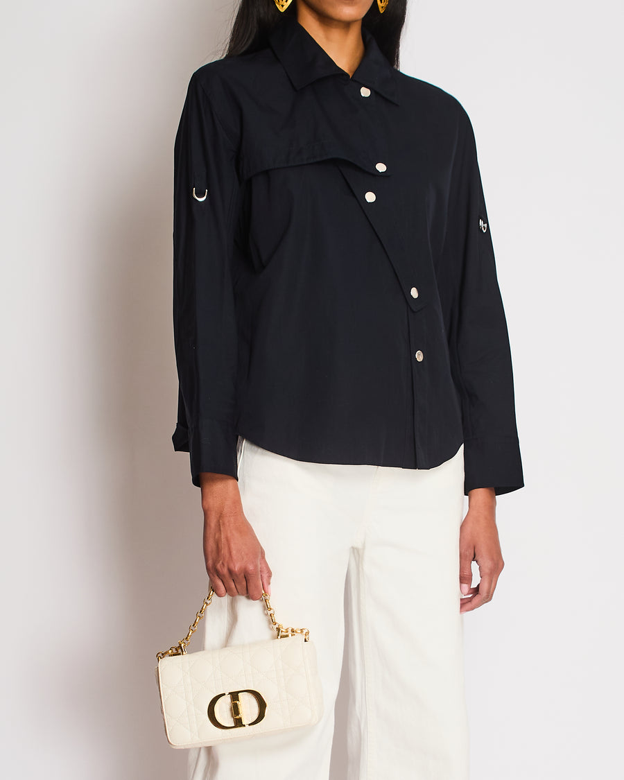 Hermès Navy Asymmetric Button Up Shirt with Overlap Collar Detail Size FR 34 (UK 6)