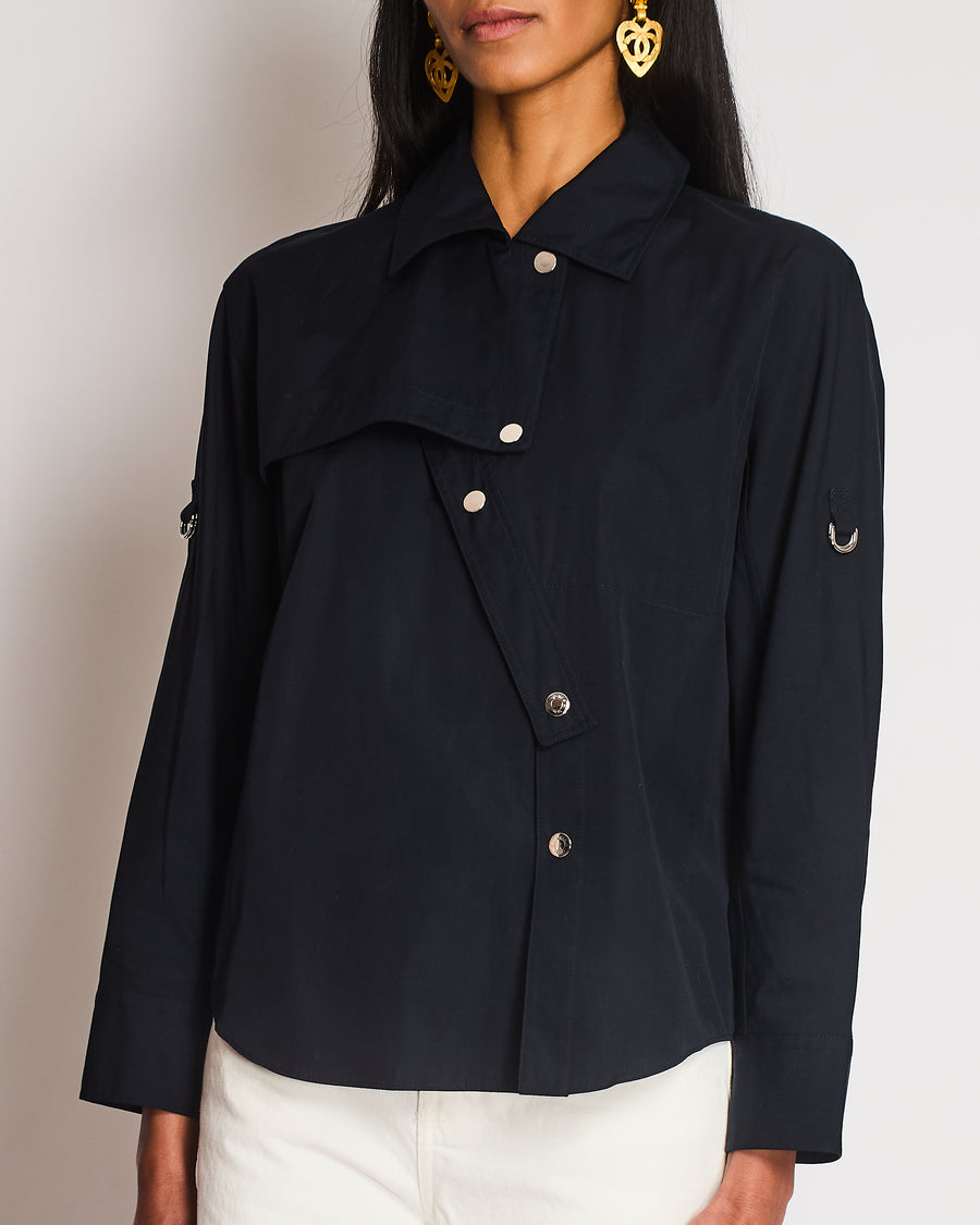 Hermès Navy Asymmetric Button Up Shirt with Overlap Collar Detail Size FR 34 (UK 6)