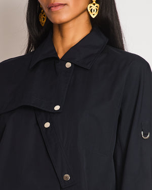 Hermès Navy Asymmetric Button Up Shirt with Overlap Collar Detail Size FR 34 (UK 6)
