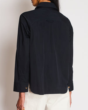 Hermès Navy Asymmetric Button Up Shirt with Overlap Collar Detail Size FR 34 (UK 6)