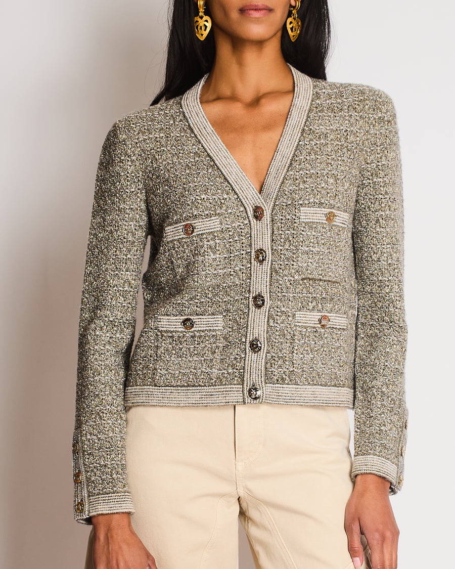 Chanel Fall-Winter 25/B Grey Knitted Button Down Cardigan with CC Logo Detail Size FR 36 (UK 8)