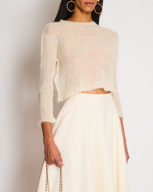 Prada Cream Mohair Cropped Long Sleeve Jumper with Plaque Logo Detail Size IT 38 (UK 6)