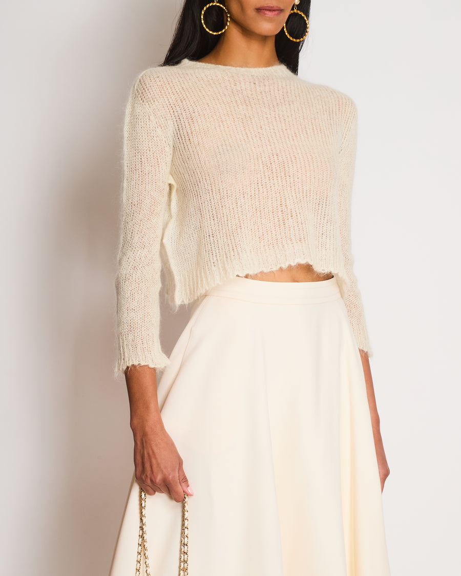 Prada Cream Mohair Cropped Long Sleeve Jumper with Plaque Logo Detail Size IT 38 (UK 6)