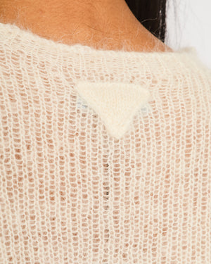 Prada Cream Mohair Cropped Long Sleeve Jumper with Plaque Logo Detail Size IT 38 (UK 6)