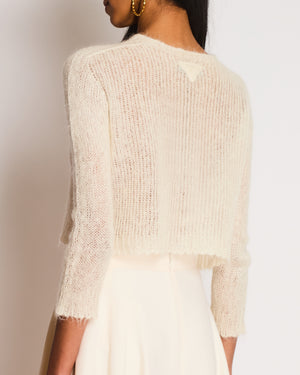 Prada Cream Mohair Cropped Long Sleeve Jumper with Plaque Logo Detail Size IT 38 (UK 6)