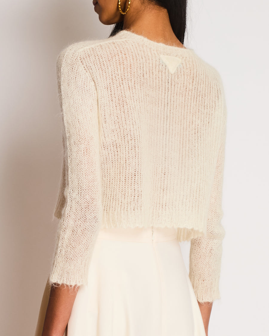 Prada Cream Mohair Cropped Long Sleeve Jumper with Plaque Logo Detail Size IT 38 (UK 6)