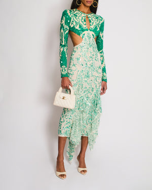 Etro Green Long Sleeve Sequin Gown with Cut-Out and Lace Detail Size IT 38 (UK 6)