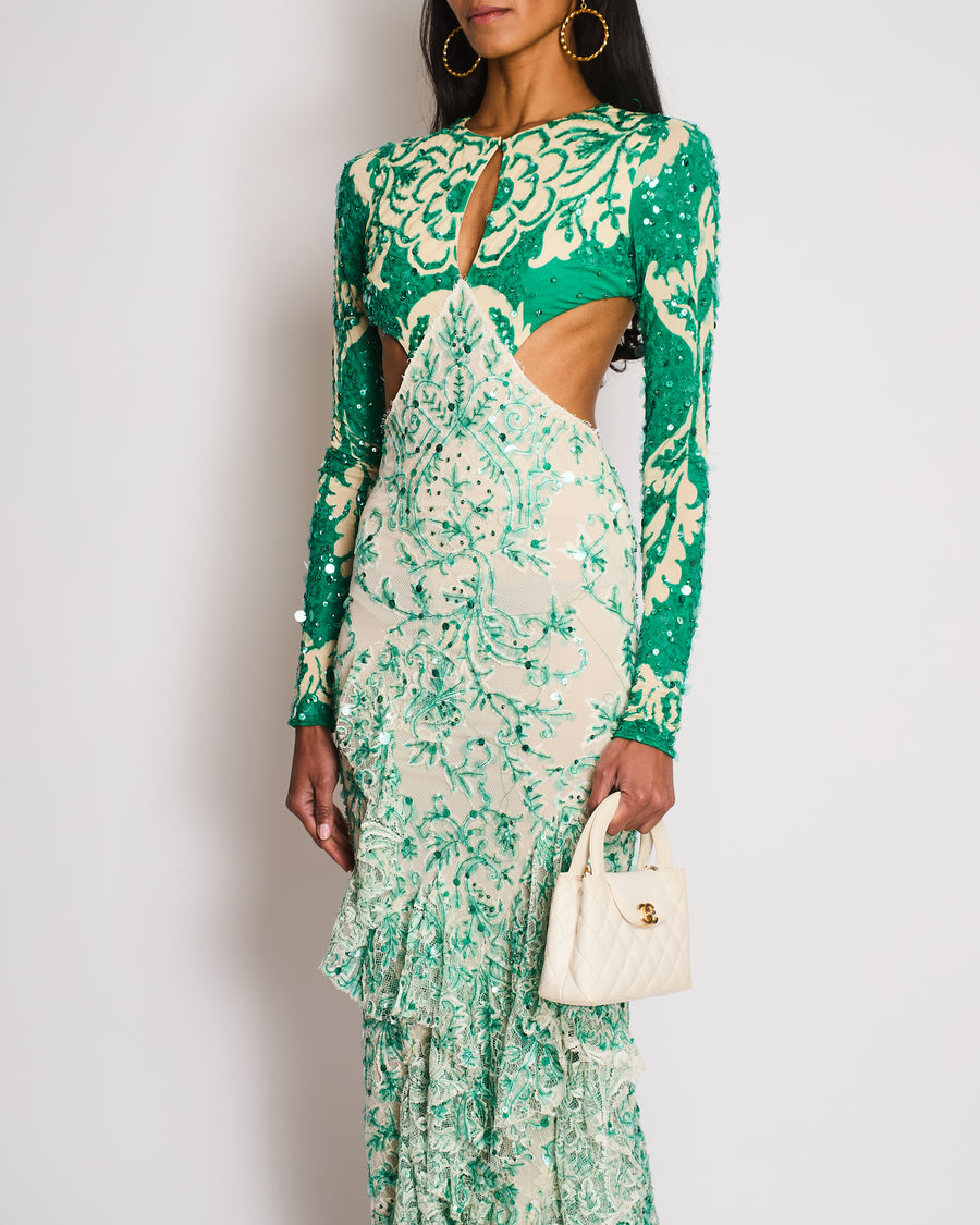 Etro Green Long Sleeve Sequin Gown with Cut-Out and Lace Detail Size IT 38 (UK 6)