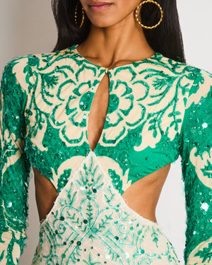 Etro Green Long Sleeve Sequin Gown with Cut-Out and Lace Detail Size IT 38 (UK 6)