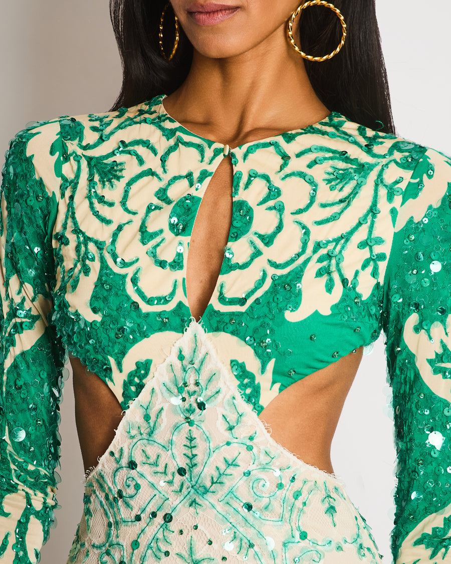 Etro Green Long Sleeve Sequin Gown with Cut-Out and Lace Detail Size IT 38 (UK 6)