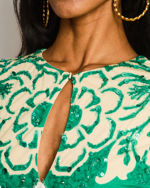 Etro Green Long Sleeve Sequin Gown with Cut-Out and Lace Detail Size IT 38 (UK 6)