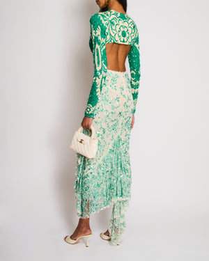 Etro Green Long Sleeve Sequin Gown with Cut-Out and Lace Detail Size IT 38 (UK 6)