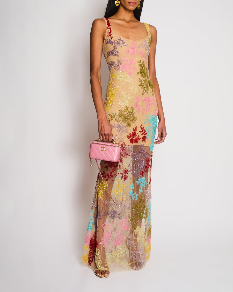 Clio Peppiatt Beige Sleeveless Floral Sequin Gown Size S (UK 8)