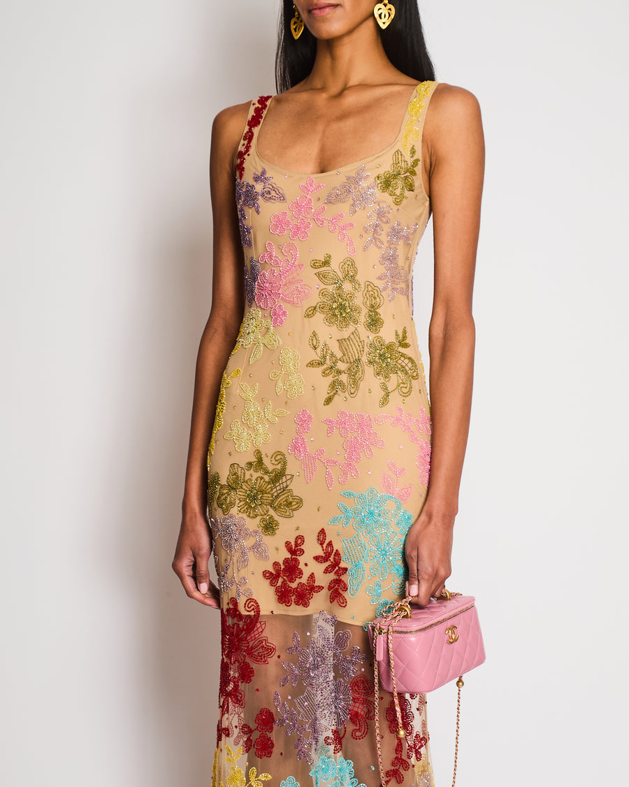 Clio Peppiatt Beige Sleeveless Floral Sequin Gown Size S (UK 8)