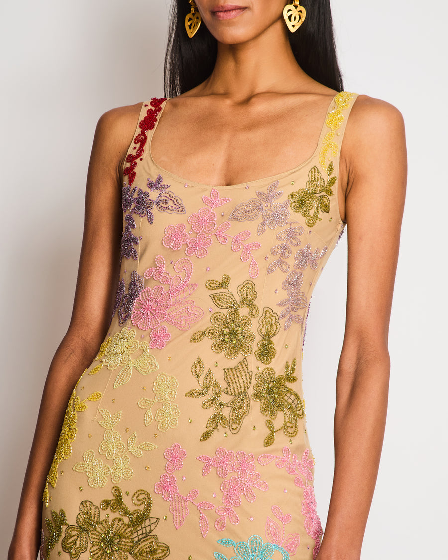 Clio Peppiatt Beige Sleeveless Floral Sequin Gown Size S (UK 8)