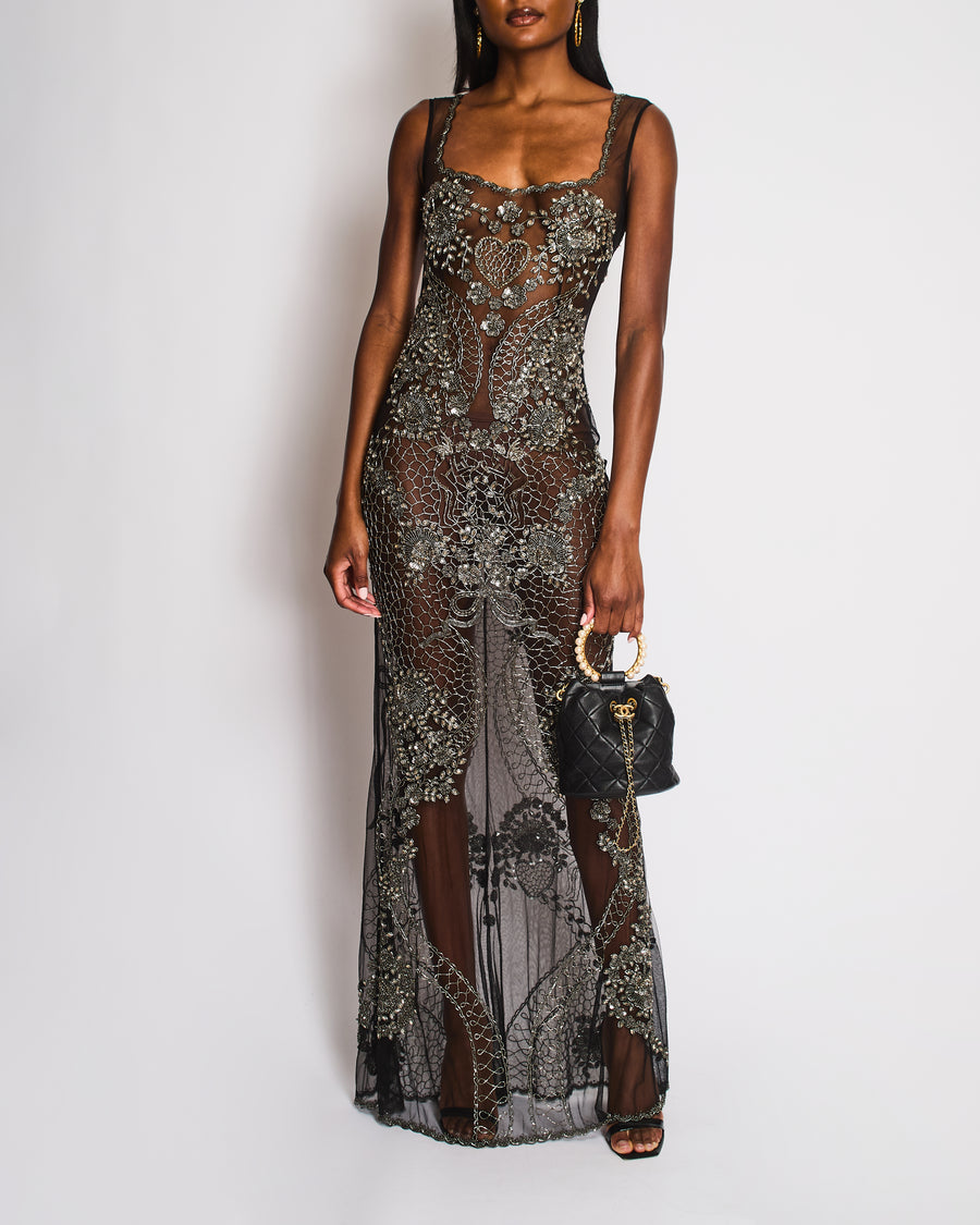 Clio Peppiatt Black Sleeveless Floral Sequin Gown Size S (UK 8)