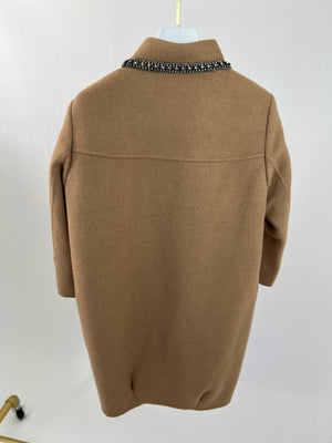 Ermanno Scervino Camel Cropped Sleeve Coat with Embellished Collar Detail IT 38 (UK 6-8)