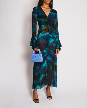 Rat & Boa Blue Abstract Print Long Sleeve Maxi Dress With Ruffled Tie-Waist Detail Size S (UK 8-10)