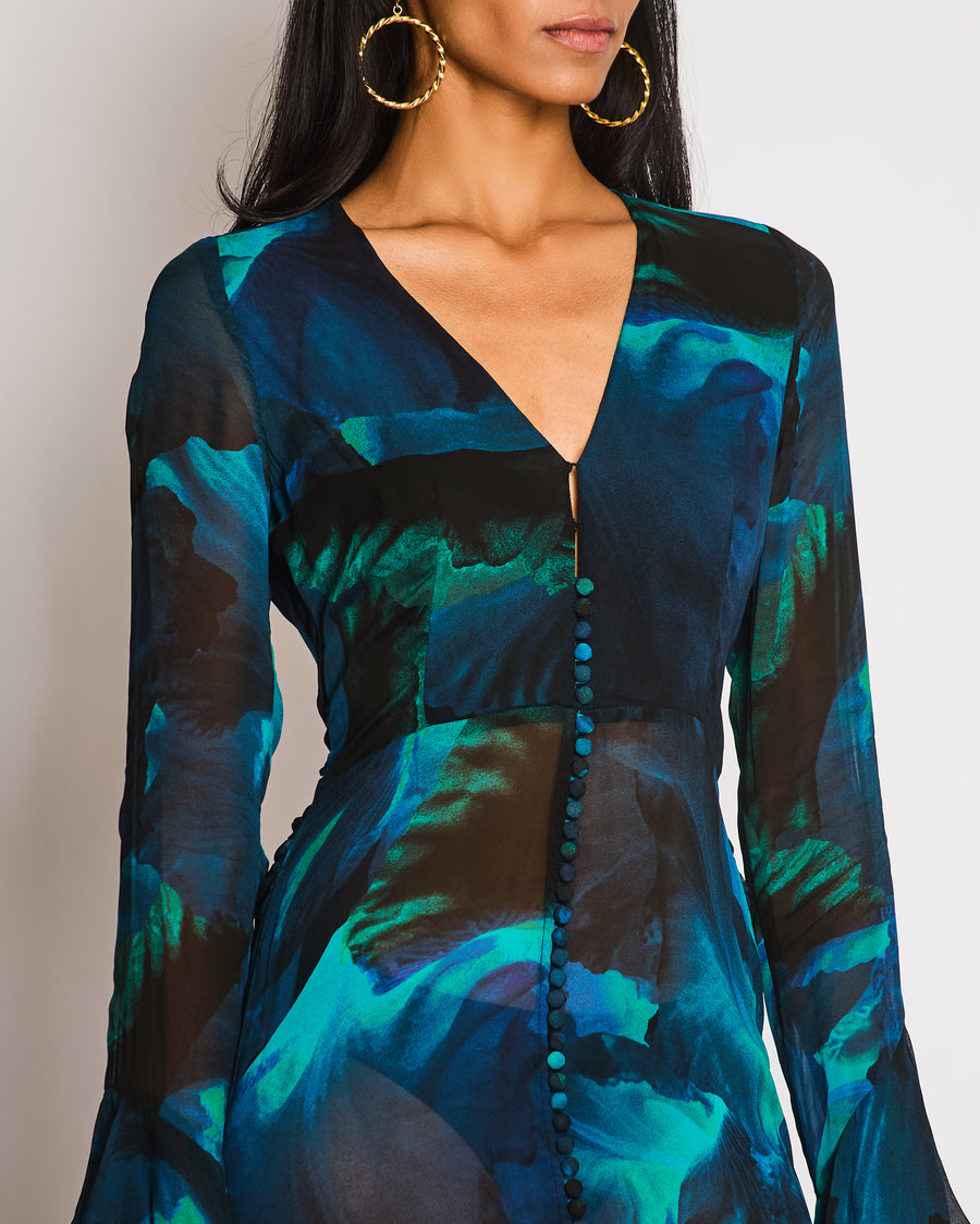 Rat & Boa Blue Abstract Print Long Sleeve Maxi Dress With Ruffled Tie-Waist Detail Size S (UK 8-10)