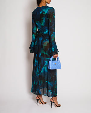 Rat & Boa Blue Abstract Print Long Sleeve Maxi Dress With Ruffled Tie-Waist Detail Size S (UK 8-10)