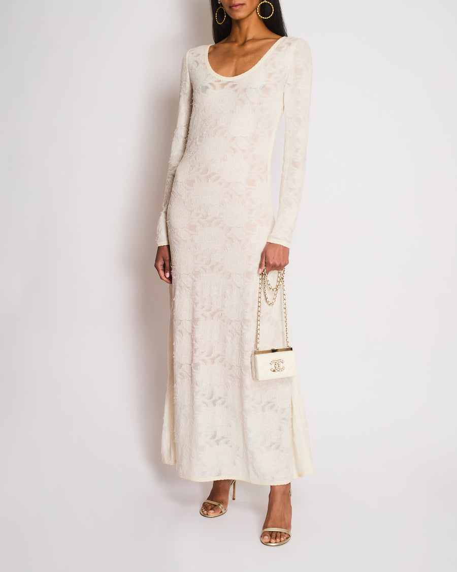 Chanel Cream Long Sleeve Camellia Knitted Maxi Dress Size FR 38 (UK 10)