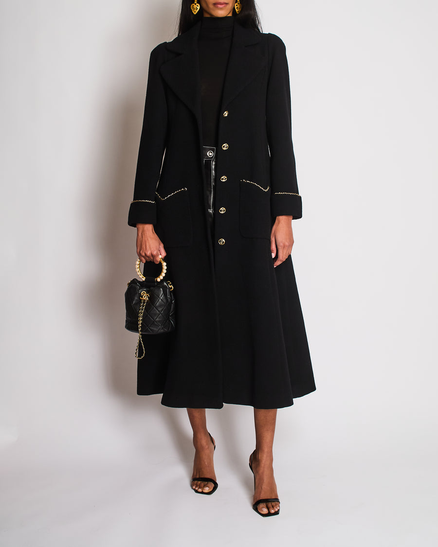 Chanel 23/B Black Long Sleeve Ribbed Coat with CC Chain Logo and Detail Size FR 36 (UK 8)