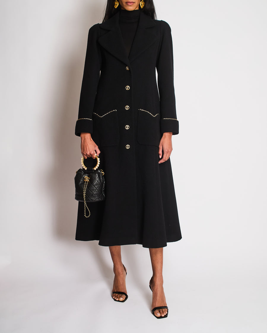 Chanel 23/B Black Long Sleeve Ribbed Coat with CC Chain Logo and Detail Size FR 36 (UK 8)