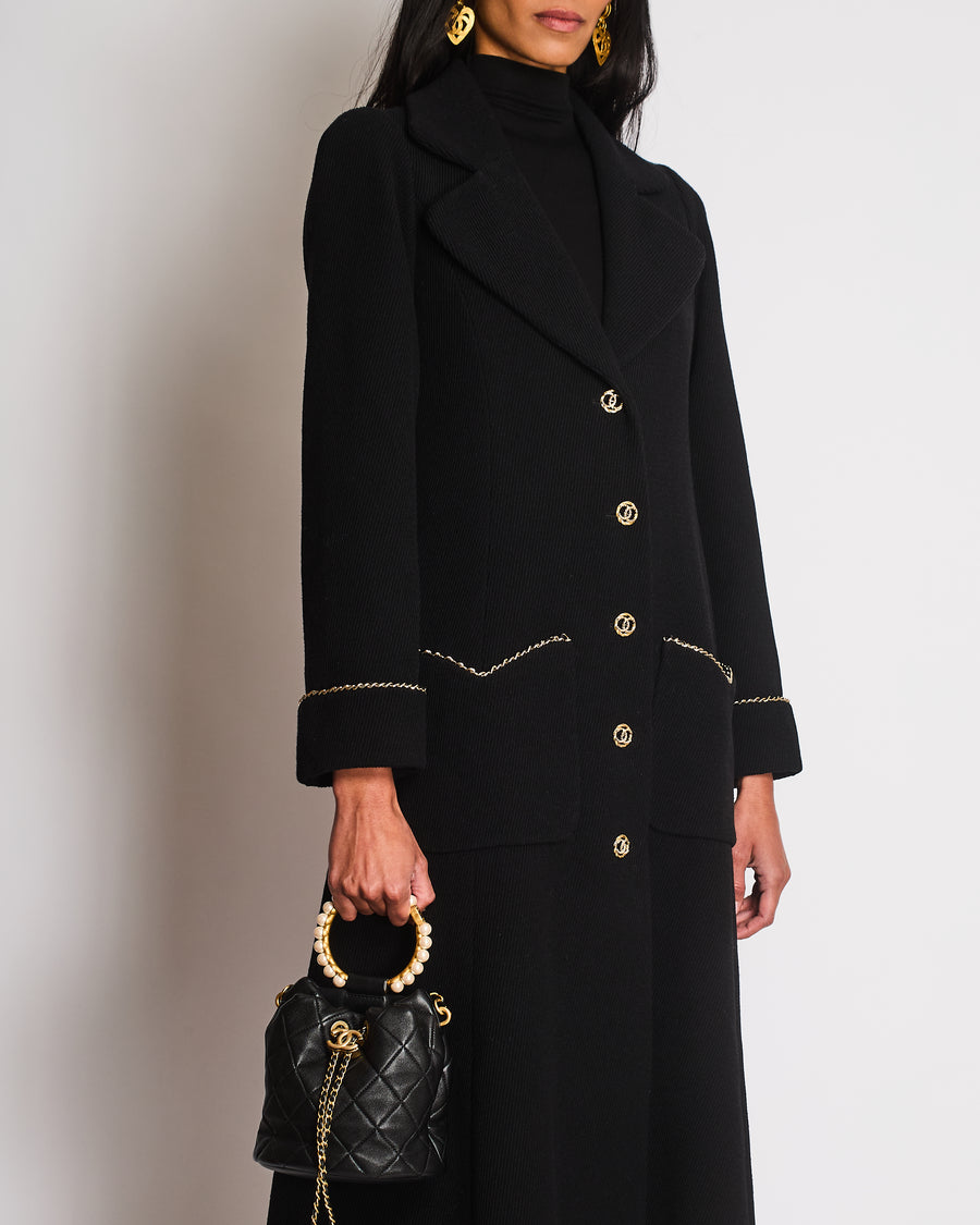 Chanel 23/B Black Long Sleeve Ribbed Coat with CC Chain Logo and Detail Size FR 36 (UK 8)