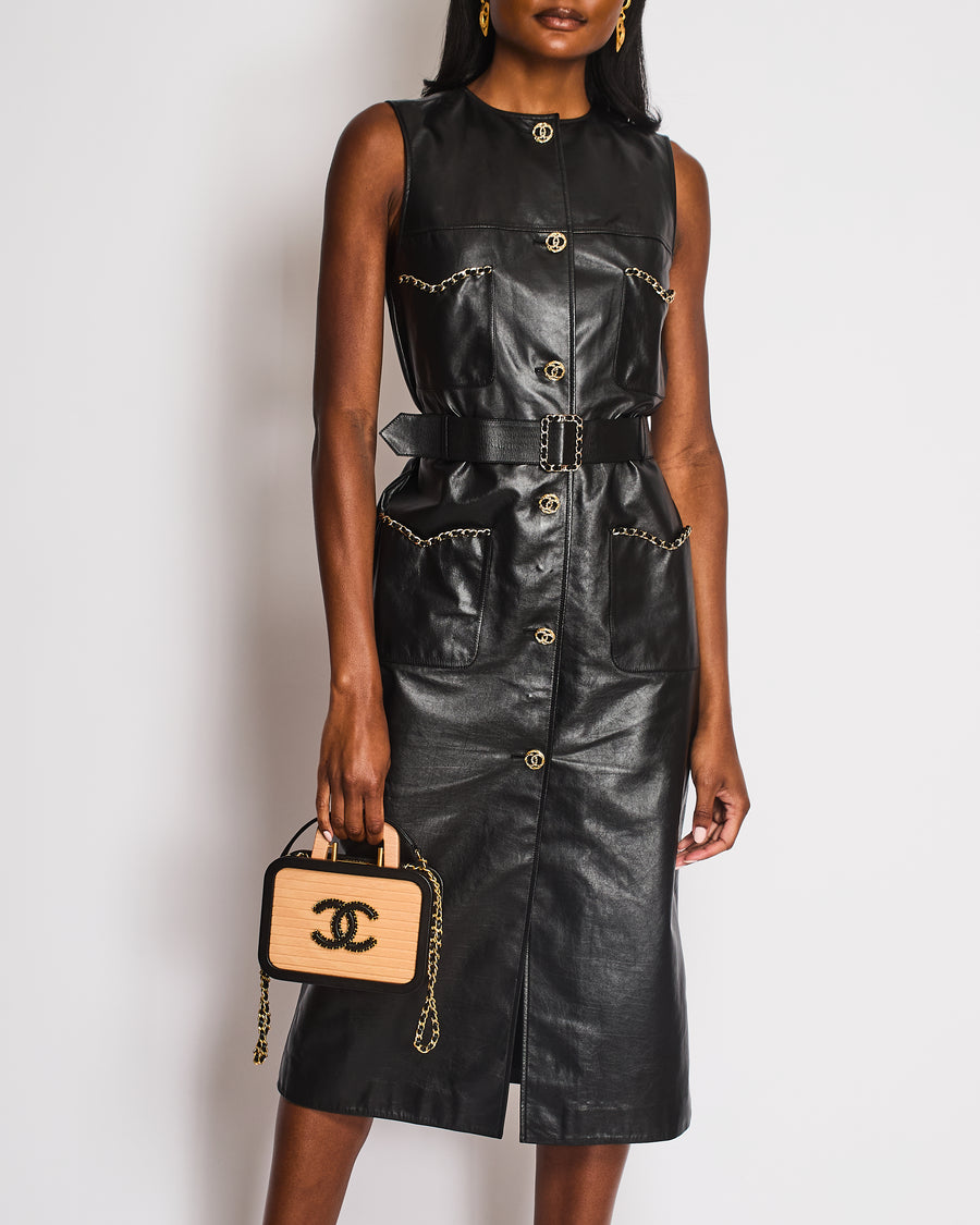 Chanel 23/B Black Leather Sleeveless Dress with Chain and Weaved Belt CC Detail Size FR 38 (UK 10)