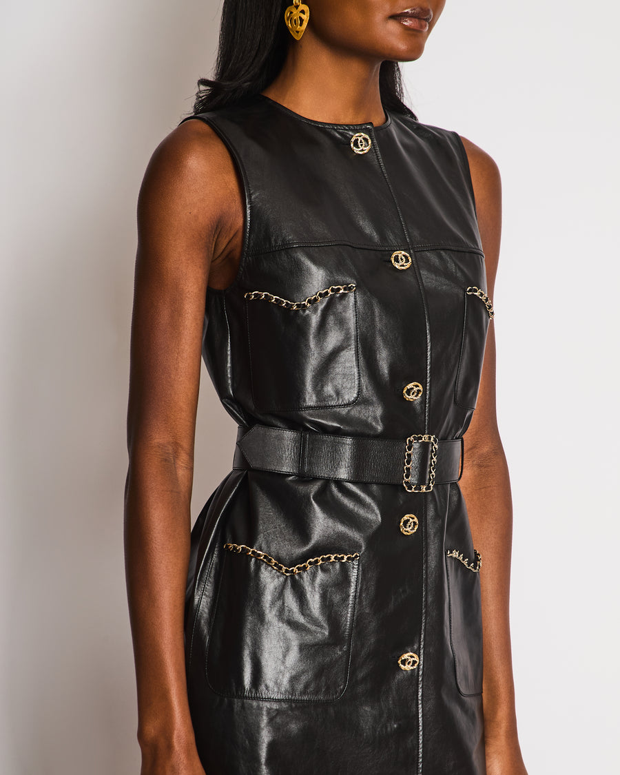 Chanel 23/B Black Leather Sleeveless Dress with Chain and Weaved Belt CC Detail Size FR 38 (UK 10)