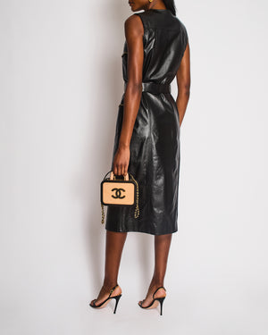 Chanel 23/B Black Leather Sleeveless Dress with Chain and Weaved Belt Sellier Chanel 23/B Black Leather Sleeveless Dress with Chain and Weaved Belt Sellier