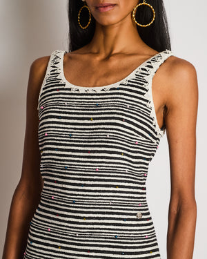 Chanel 24/S Black Striped Sleeveless Dress with Multicolour Pearl and CC Detail Size FR 36 (UK 8)