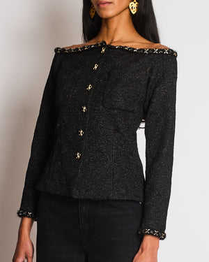 Chanel 21/A Black Off-Shoulder Floral Top with Chain Trim Detail Size FR 36 (UK 8)