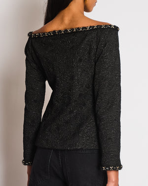 Chanel 21/A Black Off-Shoulder Floral Top with Chain Trim Detail Size FR 36 (UK 8)