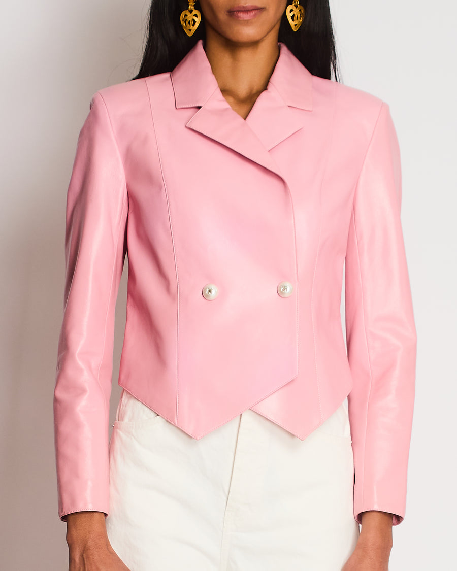 Chanel Pink Double Breasted Leather Blazer with Embellished CC Button Detail Size FR 36 (UK 8)