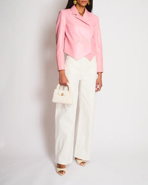 Chanel Pink Double Breasted Leather Blazer with Embellished CC Button Detail Size FR 36 (UK 8)