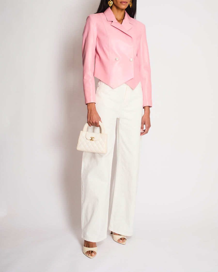 Chanel Pink Double Breasted Leather Blazer with Embellished CC Button Detail Size FR 36 (UK 8)