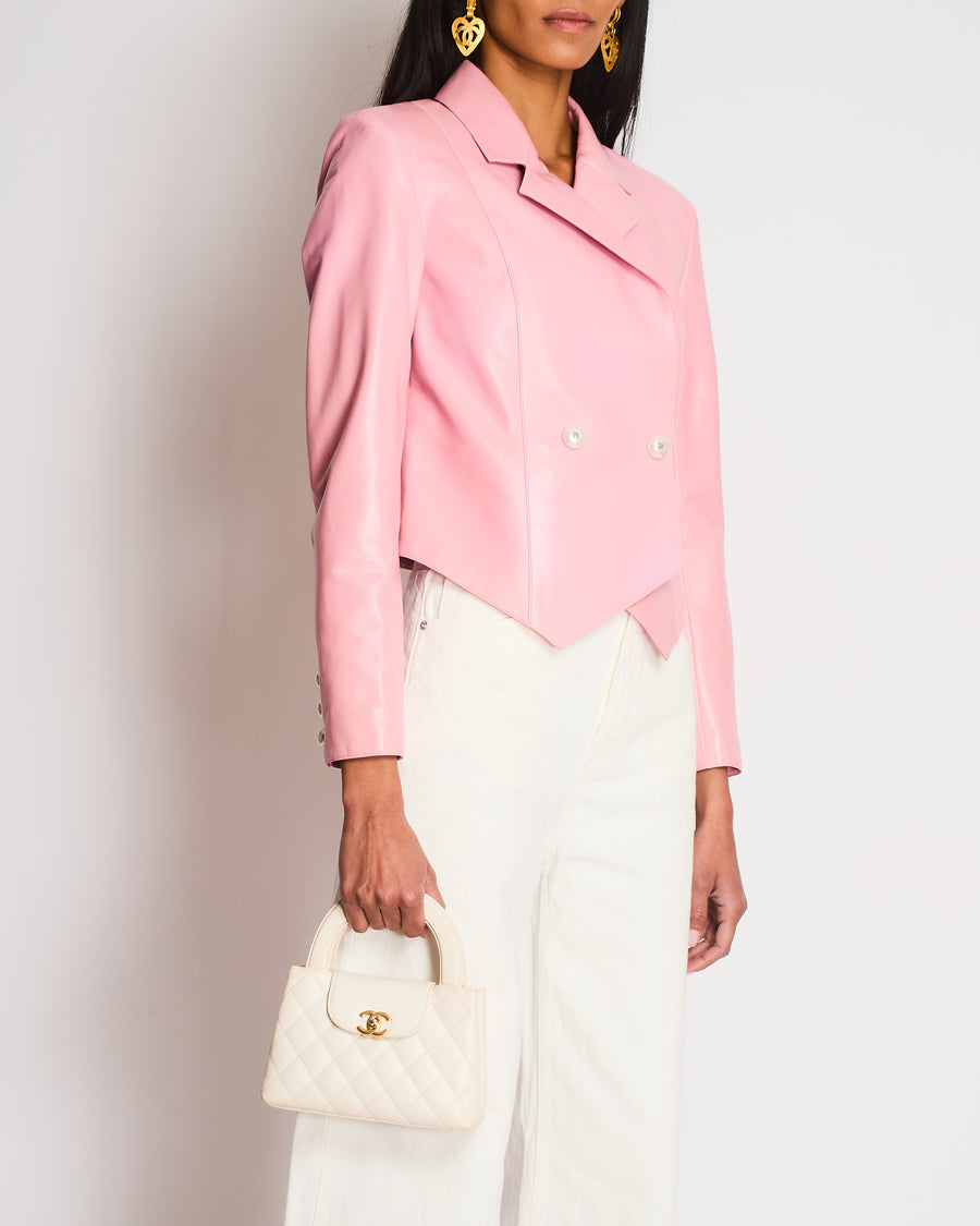 Chanel Pink Double Breasted Leather Blazer with Embellished CC Button Detail Size FR 36 (UK 8)