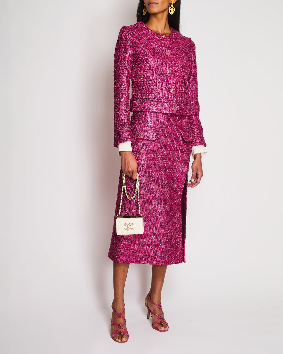 Chanel 23/S Pink Tweed Collarless Jacket and Matching Skirt with Split Detail Size FR 36 (UK 8)