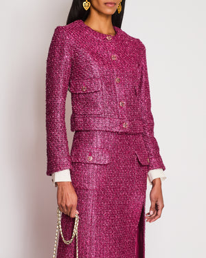 Chanel 23/S Pink Tweed Collarless Jacket and Matching Skirt with Split Detail Size FR 36 (UK 8)