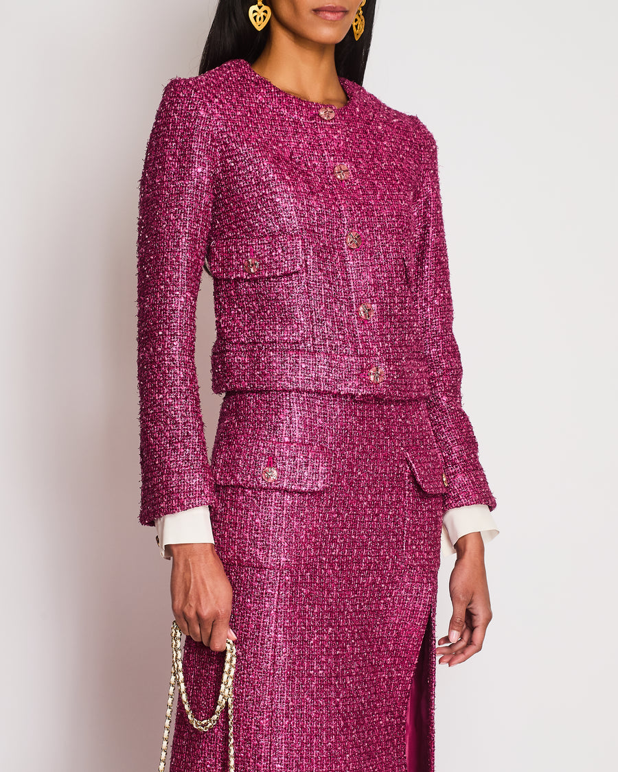 Chanel 23/S Pink Tweed Collarless Jacket and Matching Skirt with Split Detail Size FR 36 (UK 8)