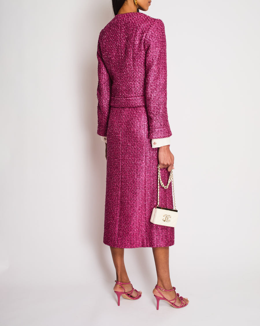 Chanel 23/S Pink Tweed Collarless Jacket and Matching Skirt with Split Detail Size FR 36 (UK 8)