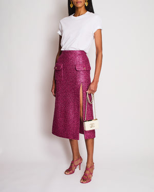 Chanel 23/S Pink Tweed Collarless Jacket and Matching Skirt with Split Detail Size FR 36 (UK 8)