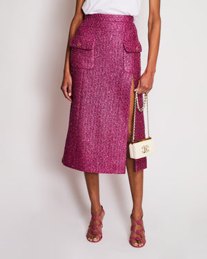 Chanel 23/S Pink Tweed Collarless Jacket and Matching Skirt with Split Detail Size FR 36 (UK 8)