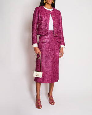 Chanel 23/S Pink Tweed Collarless Jacket and Matching Skirt with Split Detail Size FR 36 (UK 8)