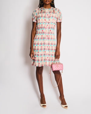 Chanel 19/S Pink CC Short Sleeve Round Neck Lace Umbrella Printed Dress Size FR 36 (UK 8)