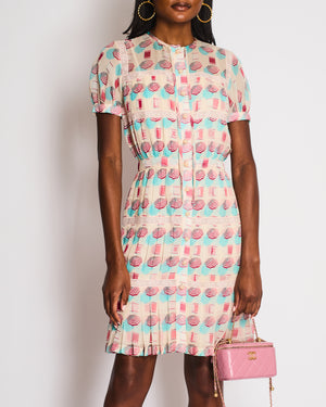 Chanel 19/S Pink CC Short Sleeve Round Neck Lace Umbrella Printed Dress Size FR 36 (UK 8)