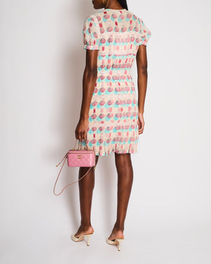 Chanel 19/S Pink CC Short Sleeve Round Neck Lace Umbrella Printed Dress Size FR 36 (UK 8)